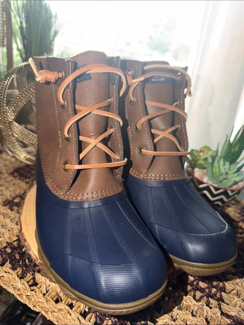 Sperry Syren Gulf Duck Boots Women’s Size 5 Navy Brown Leather STS84628